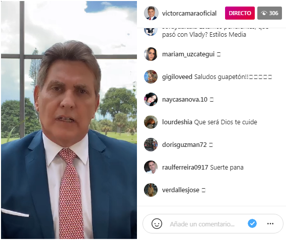 Víctor Cámara durante la transmisión en su cuenta de Instagram. 