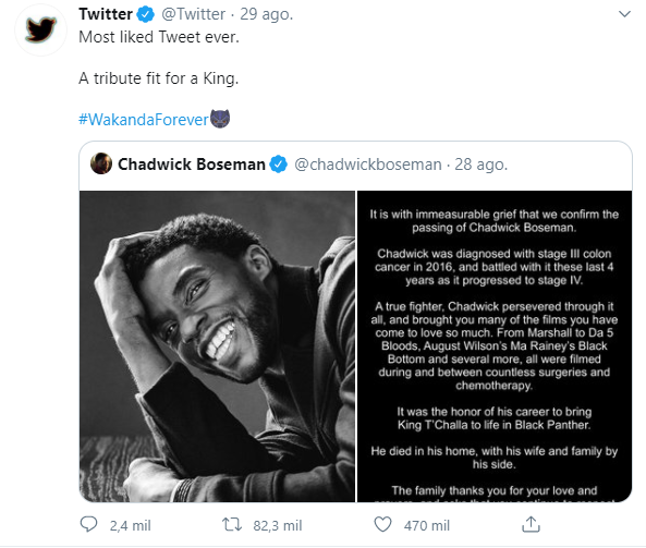 La cuenta oficial de Twitter informó sobre el logro del trino en la cuenta de Chadwick Boseman