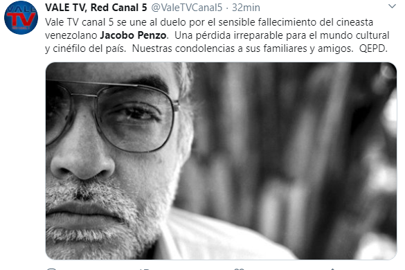 El canal Vale TV se unió al duelo por la partida de Jacobo Penzo. Foto Twitter