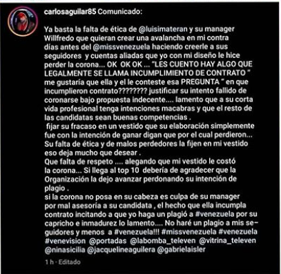 El comunicado de Aguilar en contra de Luiseth Materán. Foto: Cortesía @lareinapepia 