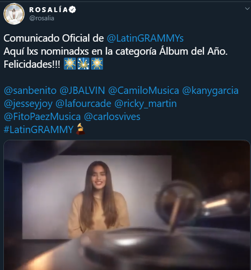 Rosalía fue una de quienes anunciaron los nominados al Latin Grammy. Foto: Twitter
