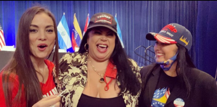 Carolina Tejera en un acto reciente de Trump, junto a las hermanas Morillo. Foto: Instagram