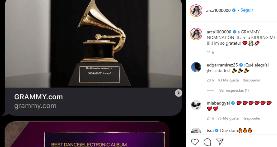 Arca agradeció la nominación. Foto: Instagram