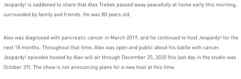 La producción del programa se encargó de anunciar la muerte de Alex Trebek. Foto: jeopardy.com