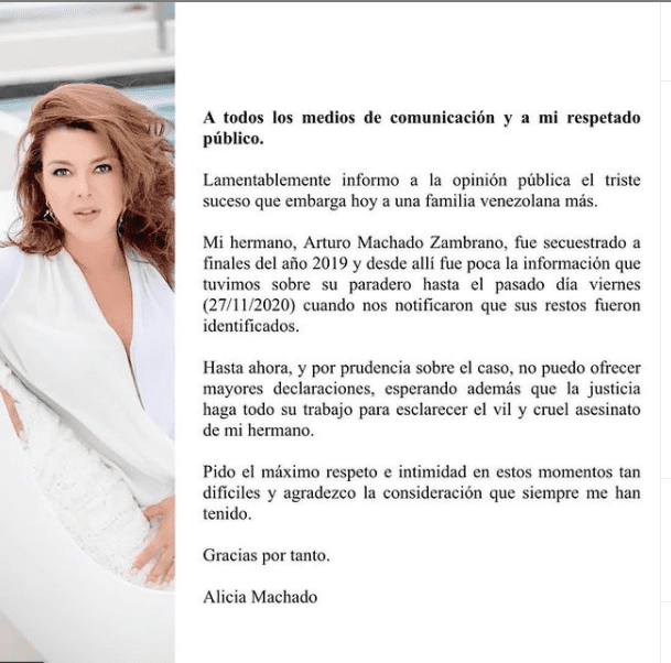 El comunicado que Alicia Machado publicó pidiendo la acción policial. Foto: Instagram