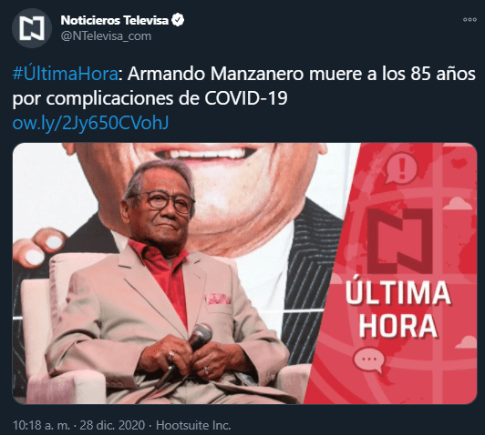Televisa confirmó la muerte de Armando Manzanero. Foto: Twitter