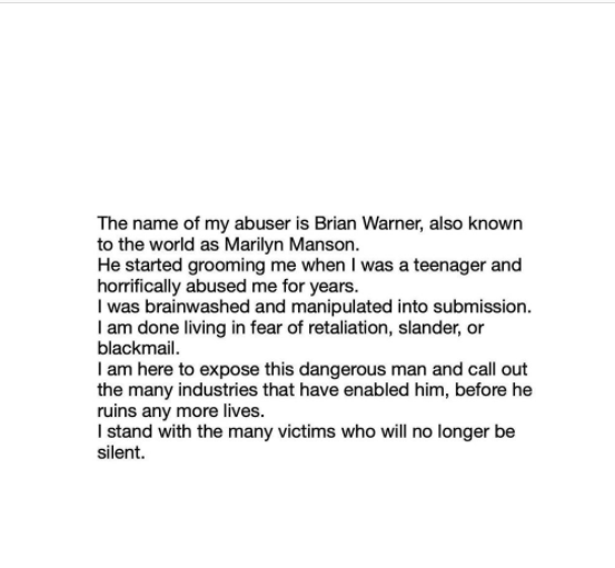 El comunicado de Wood en el que señala a Marilyn Manson como su agresor. Foto: Instagram