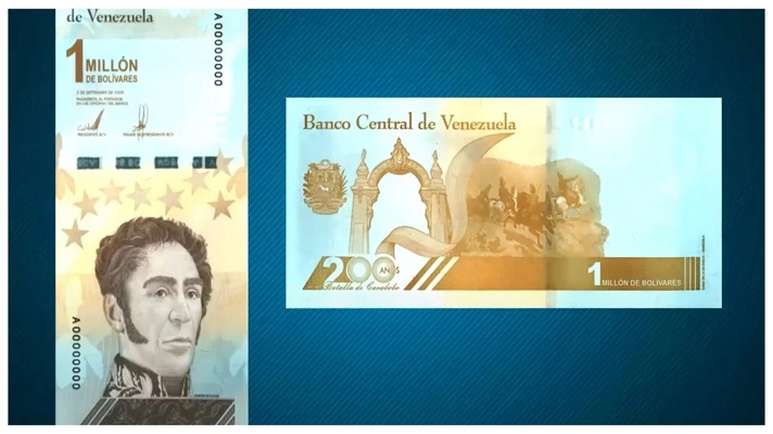 La espiral de la hiperinflación en Venezuela marcó este lunes un nuevo récord. El Banco Central de Venezuela (BCV) puso en circulación el billete del millón de bolívares. Se trata del papel de mayor denominación en la historia del país. refleja hiperinflación que sufre Venezuela desde hace años.