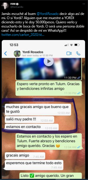 Fernando Carrillo publicó una conversación que tuvo con Rosado. Foto Twitter