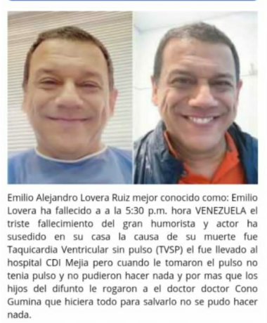 La publicación que se hizo viral sobre la "muerte" de Emilio Lovera. Foto Facebook