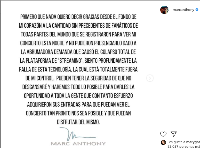 Marc Anthony dijo que la alta demanda de su show hizo colapsar la plataforma. Foto Instagram