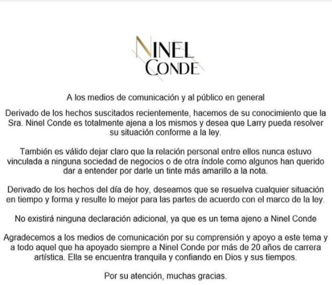 El comunicado de Ninel Conde difundido en el Facebook del programa Ventaneando. 