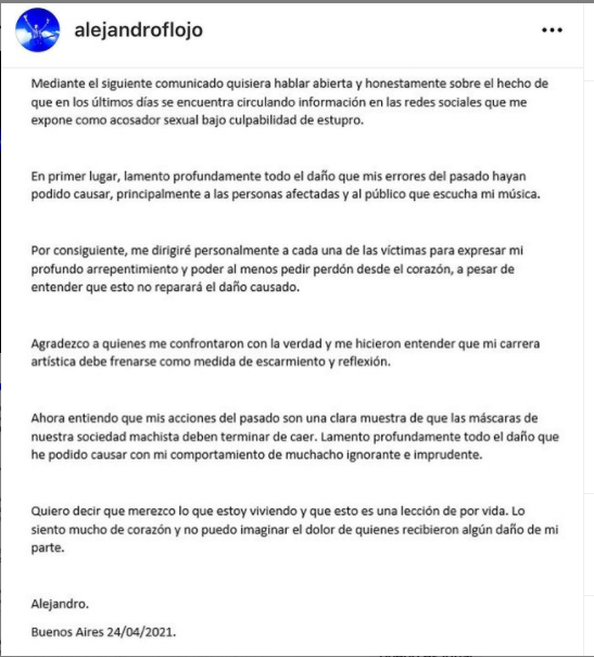 El comunicado de Alejandro Sojo que otros rockeros venezolanos rechazaron. Foto Instagram