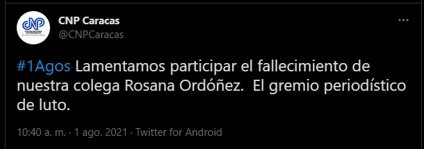 El Colegio nacional de periodistas expresó en Twitter su pesar por la muerte de Rosana Ordónez. 
