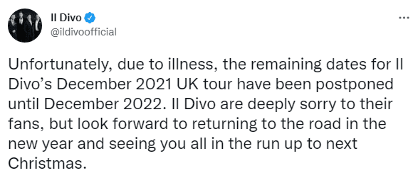 Con este mesaje, Il Divo anunció que suspendía su gira el resto de 2021. Foto Twitter