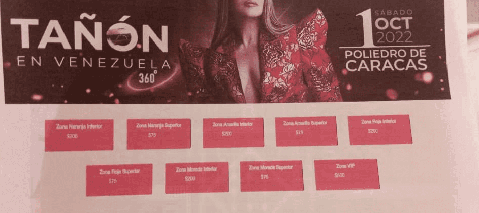 Los precios de las entradas según la distribución en el show de Olga Tañón. Foto @lenyscarolina