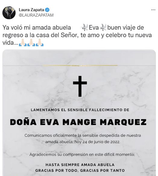 Thalía y Laura Zapata lamentaron la muerte de su abuela. Foto Twitter
