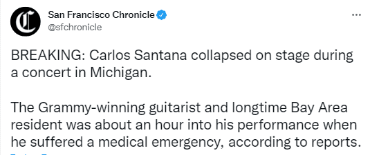 San Francisco Chronicle le hizo seguimiento al desmayo de Carlos Santana. Foto Twitter.