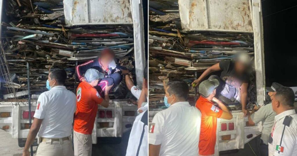 Los 45 migrantes estaban ocultos en un camión que trasladaba desechos. Fotos cortesía