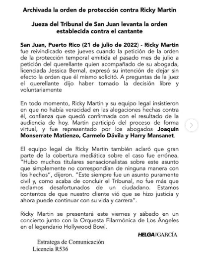 El comunicado de Ricky Martin sobre el caso en su contra. Foto Instagram