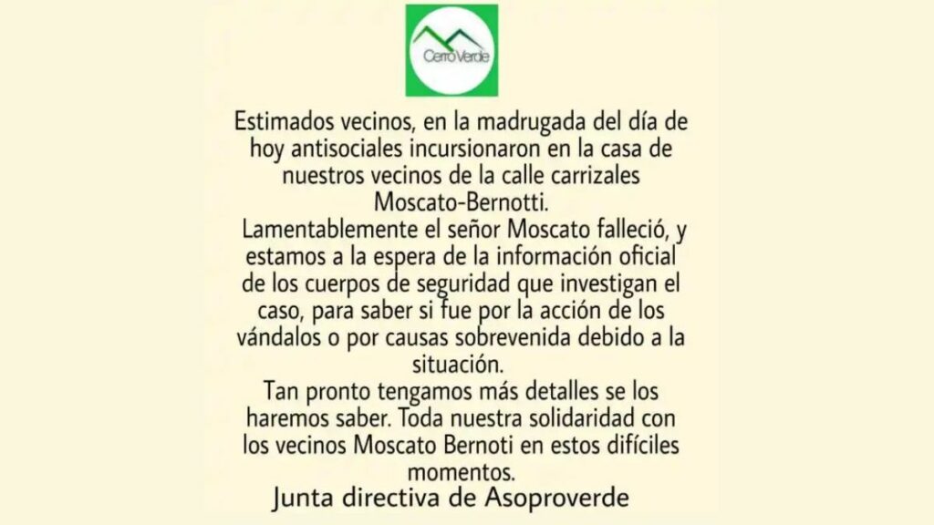 La Asociación de Vecinos de Cerro Verde , emitió un comunicado. 