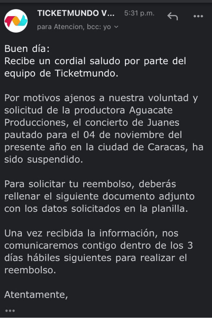 El correo que recibieron los seguidores de Juanes. Foto cortesía Unión Radio