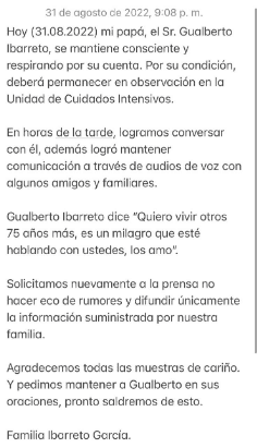 El comunicado de la familia de Gualberto Ibarreto. Foto Instagram