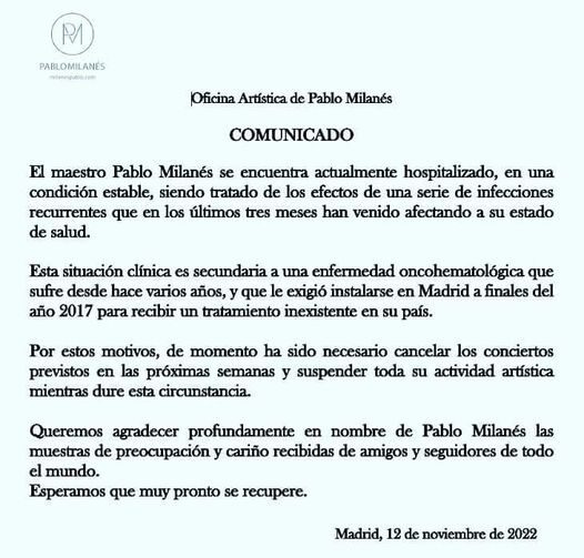 La oficina de Pablo Milanés dio a conocer la información. Foto Twitter