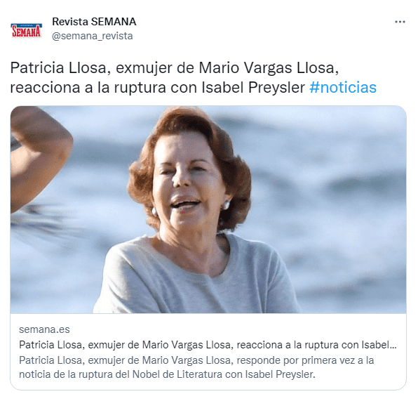 Patricia Llosa confirmó que hace dos semanas se consolidó la ruptura de su ex. Foto Twitter