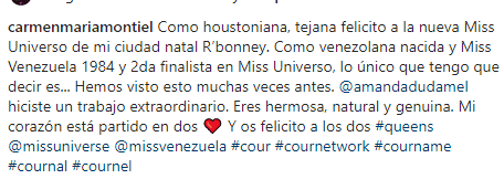 Carmen María Montiel fijó su posición ante la ganadora del Miss Universo. Foto Instagram