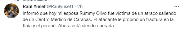 El esposo de Rummy Olivo también dio detalles de lo sucedido con ella. Foto Twitter