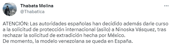 Ninoska Vásquez permanecerá en España. Foto Twitter