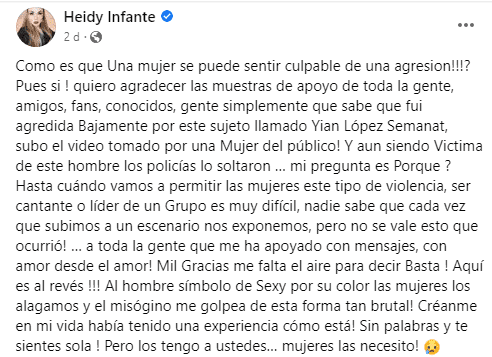 Heidy Infante publicó su comunicado en su cuenta de Facebook. 