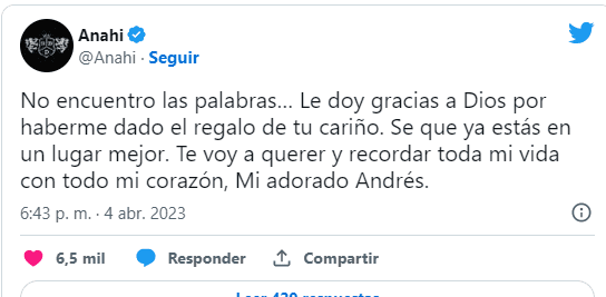 Este fue el emotivo mensaje con el que Anahí despidió a Andrés García. Foto Twitter