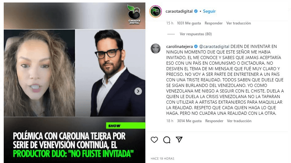 La respuesta de Carolina Tejera a Daniel Ferrer. Foto Instagram
