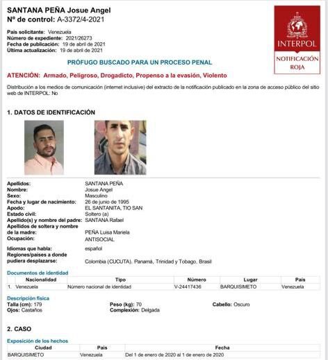 Ficha de Interpol de "El Santanita".